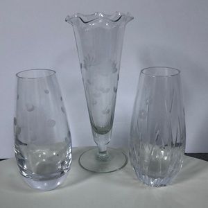 Set of 3 etched clear-cut glass vases